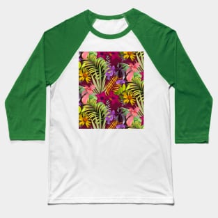 Elegant tropical flowers and leaves pattern floral illustration, red tropical pattern over a Baseball T-Shirt